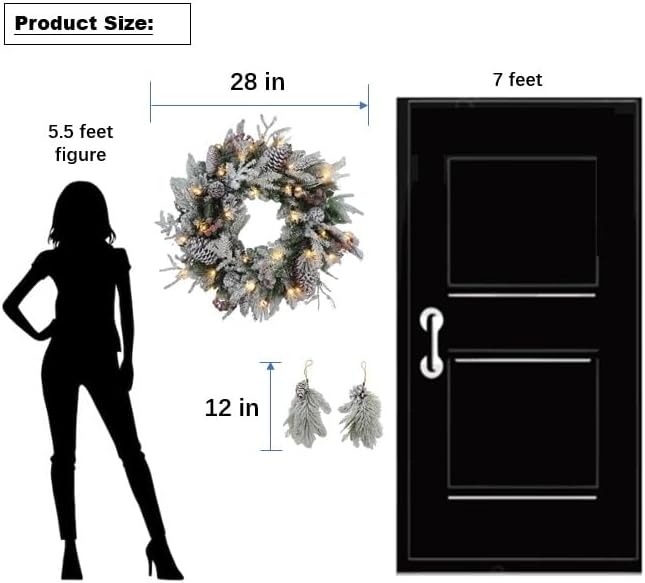 Large 28" D Pre-lit Christmas Snowy Artificial Pine Wreath w Super Big Pinecones, Succulents (35 LED Lights, 8 Flash Options) for Xmas Decor at Shop Home Front Door Living Room Wall Window (Battery)