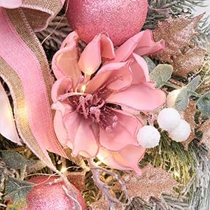 22inch Christmas Pink Wreath for Front Door with 30 LED Lights,Elegant Magnolia Christmas Door Wreath,Festive Holiday Decor, Frosted Winter Pink Decorations for Wedding