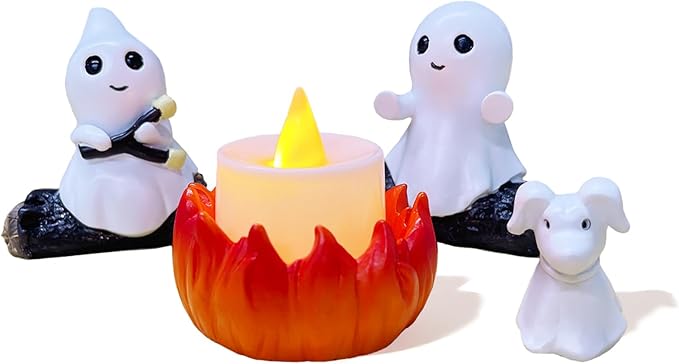 SOMITO 2025 Ghost Campfire Nightlight, Cute Halloween Ghost Figurine, Spooky Ghost Halloween Decorations, Adorable Halloween Decor Indoor for Home Mantel Tabletop Party (with Dog)