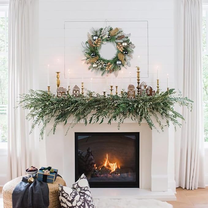 20 inch Christmas Door Wreath, Norfolk Pine Wreaths for Front Door with Silver Ball Glittered Leaf Spray Stems Pinecones Berries for Fireplace Xmas Decorations, Wall Window Indoor Outdoor Decor