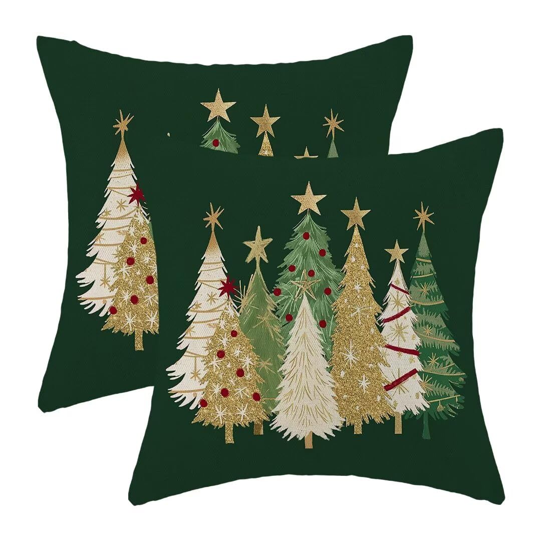 AEIOAE Christmas Pillow Covers 18 x 18 Inch Set of 2, Watercolor Green Christmas Tree Stars Decorative Throw Pillow Covers Winter Holiday Square Pillowcase for Home Sofa Living Room Outdoor Decor