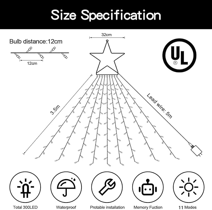 Christmas String Lights Outdoor Decoration 317 LED Star Fairy String Lights 11 Modes & Waterproof for Party Wedding Patio Yard New Year Holiday Indoor Outdoor - Warm White + Multi-Colored