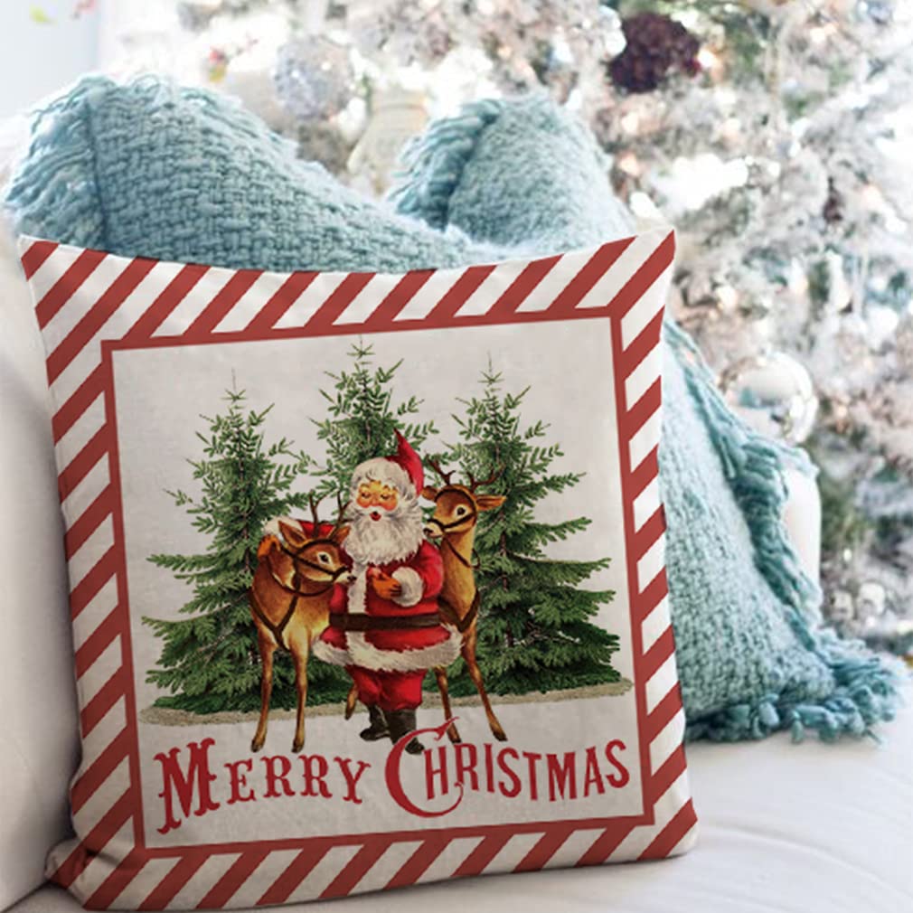 PANDICORN Vintage Christmas Pillow Covers 20x20 Set of 4 for Christmas Decorations, Red Santa Trees Candy Cane Sleigh Rides Reindeer Rustic Country Holiday Decor Throw Pillows Cases