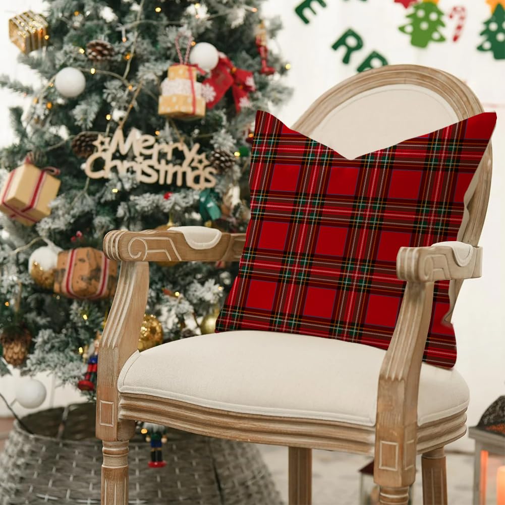 RABUSOFA Christmas Pillow Covers 18x18 Inch Set of 2 Indoor Outdoor Waterproof Scottish Tartan Plaid Classic Throw Decorative Cushion Cases for Christmas Decor Decorations for Home Couch Patio