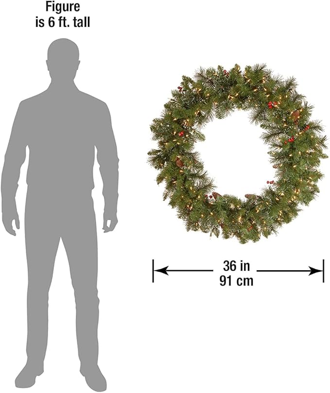 National Tree Company Pre-Lit Artificial Christmas Wreath, Green, Crestwood Spruce, White Lights, Decorated with Pine Cones, Berry Clusters, Frosted Branches, Christmas Collection, 36 Inches