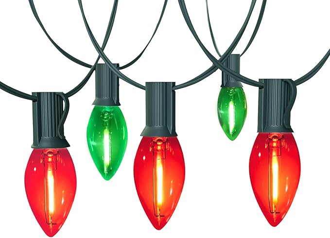 25Ft C9 LED Christmas Lights Outdoor Indoor, Clear Red Green Vintage String Lights, Connectable Dimmable Holiday Decor for Xmas Tree Roofline Patio Backyard Cafe, 25 Bulbs