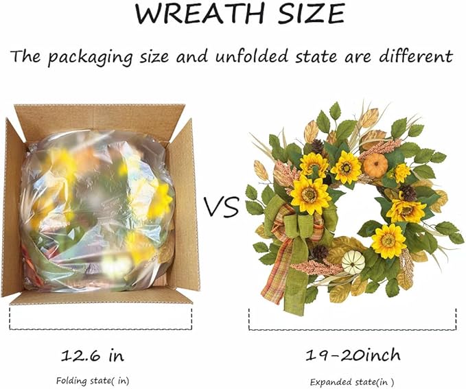 20 Inch Fall Wreath for Front Door, Sunflower Autumn Wreath with Pumpkins and Bow for Thanksgiving Farmhouse Home Window Wall Office Wedding Indoor Outdoor Decorations