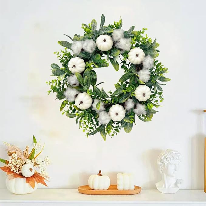 18 Inch Thanksgiving Fall Wreath for Front Door, Autumn Artificial Wreath with White Pumpkin, Cotton, Greenery Leaves for Farmhouse Home Window Wall Office Wedding Indoor Outdoor Decorations