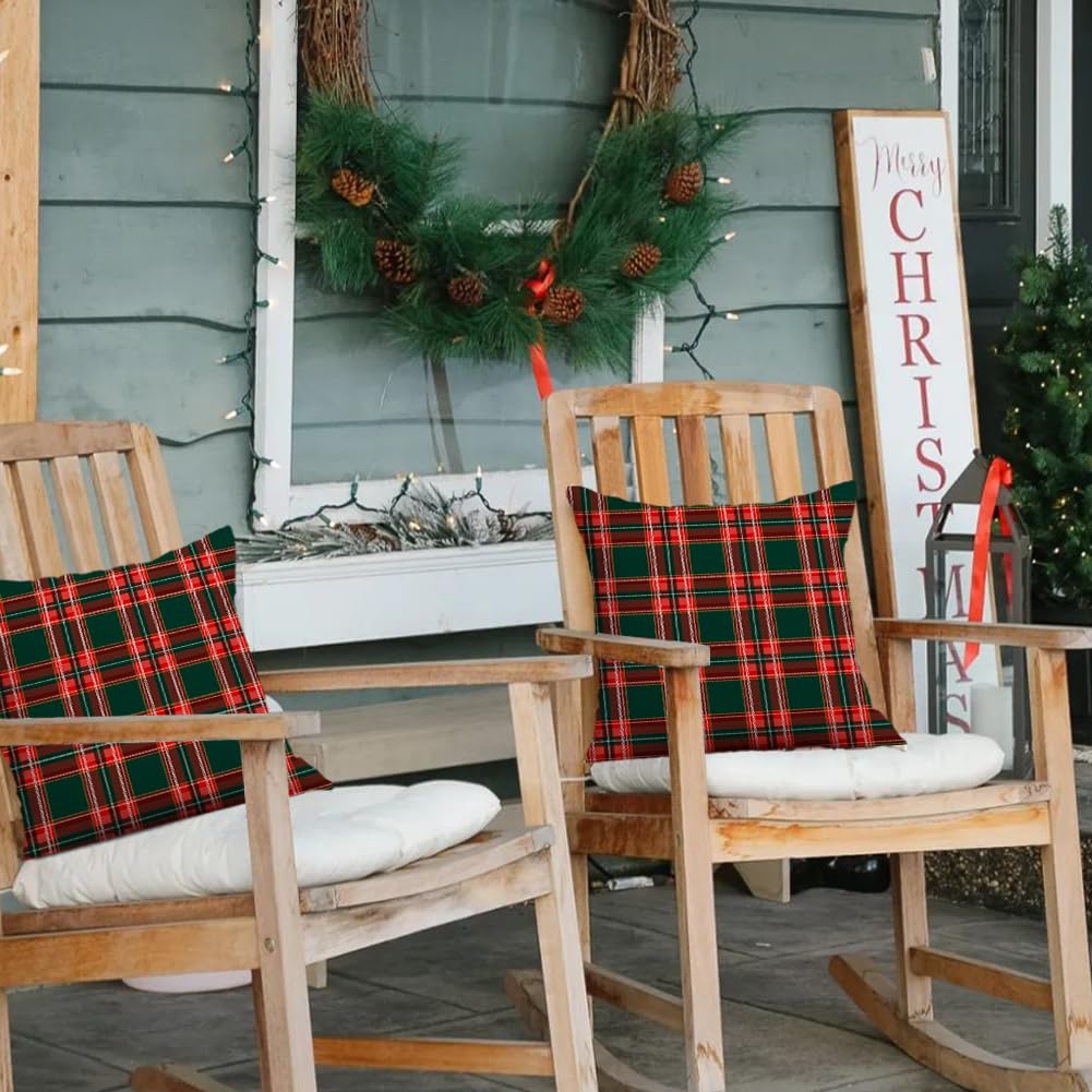RABUSOFA Christmas Pillow Covers 18x18 Inch Set of 2 Indoor Outdoor Waterproof Scottish Tartan Plaid Classic Throw Decorative Cushion Cases for Christmas Decor Decorations for Home Couch Patio
