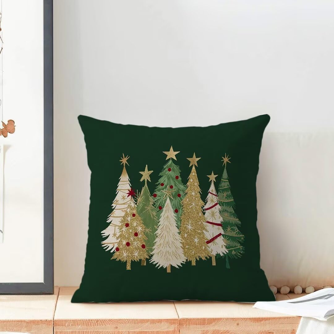 AEIOAE Christmas Pillow Covers 18 x 18 Inch Set of 2, Watercolor Green Christmas Tree Stars Decorative Throw Pillow Covers Winter Holiday Square Pillowcase for Home Sofa Living Room Outdoor Decor
