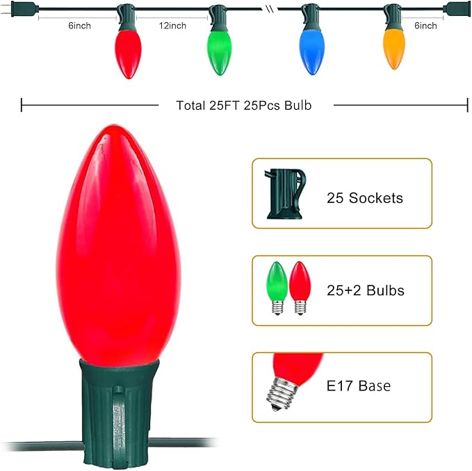 C9 Christmas Lights Outdoor, 25 Ft Multicolor Vintage LED Christmas String Lights for Roofline Xmas Tree Holiday Wedding Party Garden Home Decor - Green Wire