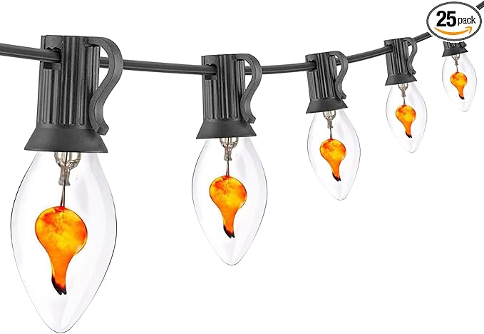 25Ft Halloween Flickering Flame Lights, C7 Orange Halloween Decoration with 27 Clear Flame Bulbs, Waterproof Connectable Patio Lights for Christmas Indoor Outdoor Decor, E12 Candelabra Base