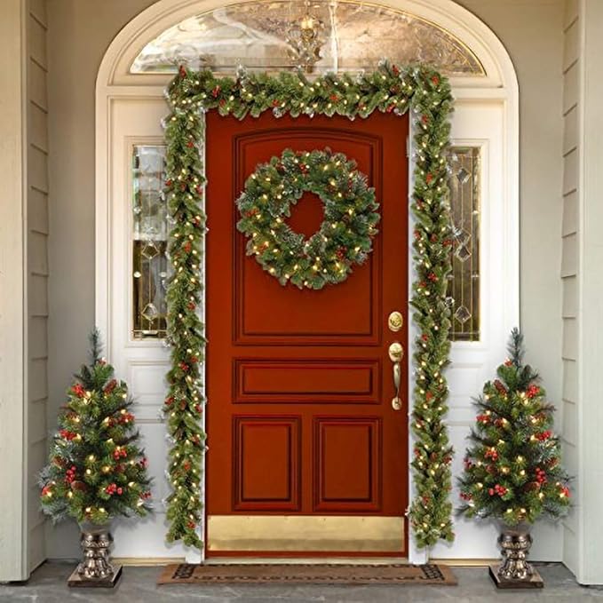 National Tree Company Pre-Lit Artificial Christmas Wreath, Green, Crestwood Spruce, White Lights, Decorated with Pine Cones, Berry Clusters, Christmas Collection, 24 Inches