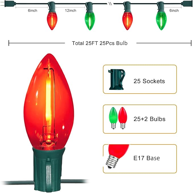 25Ft C9 LED Christmas Lights Outdoor Indoor, Clear Red Green Vintage String Lights, Connectable Dimmable Holiday Decor for Xmas Tree Roofline Patio Backyard Cafe, 25 Bulbs