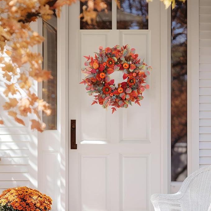 Pumpkin Fall Wreaths, Sunflower Wreaths for Front Door Natural Fall Wreath 24 Inch Handmade Fall Door Wreath for Wall Farmhouse Thanksgiving Door Decorations Halloween Holiday Home Decor