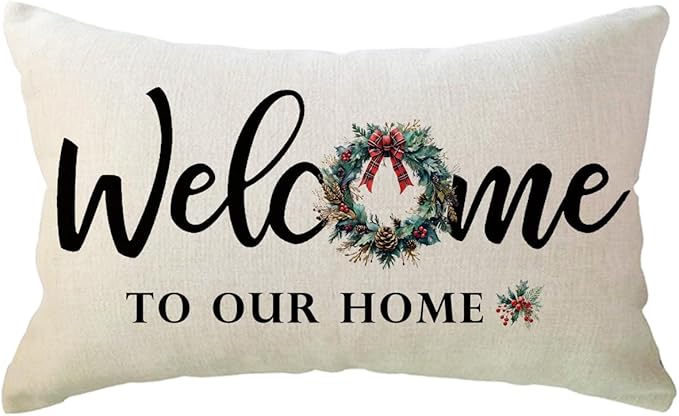 Christmas Welcome Throw Pillow Covers 12 x 20 Inch Farmhouse Seasonal Holiday Decorative Lumbar Pillowcases with Xmas Wreath Design Cushion Covers for Front Porch Decor (Red/Green)