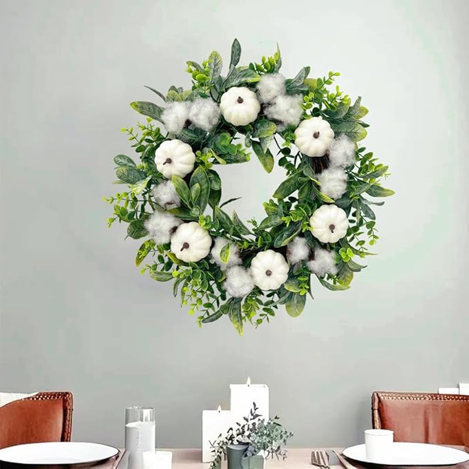 18 Inch Thanksgiving Fall Wreath for Front Door, Autumn Artificial Wreath with White Pumpkin, Cotton, Greenery Leaves for Farmhouse Home Window Wall Office Wedding Indoor Outdoor Decorations