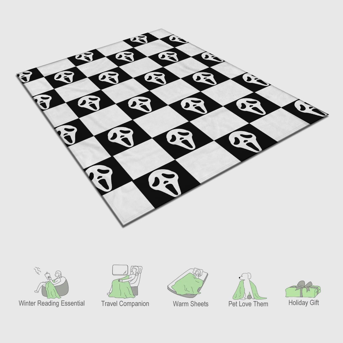 YWZDS Spooky Face Throw Blanket, Black and White Checkered Pattern, Halloween Ghost Blankets Fuzzy Gifts for Sofa Couch Bedroom (40 * 50 inch)