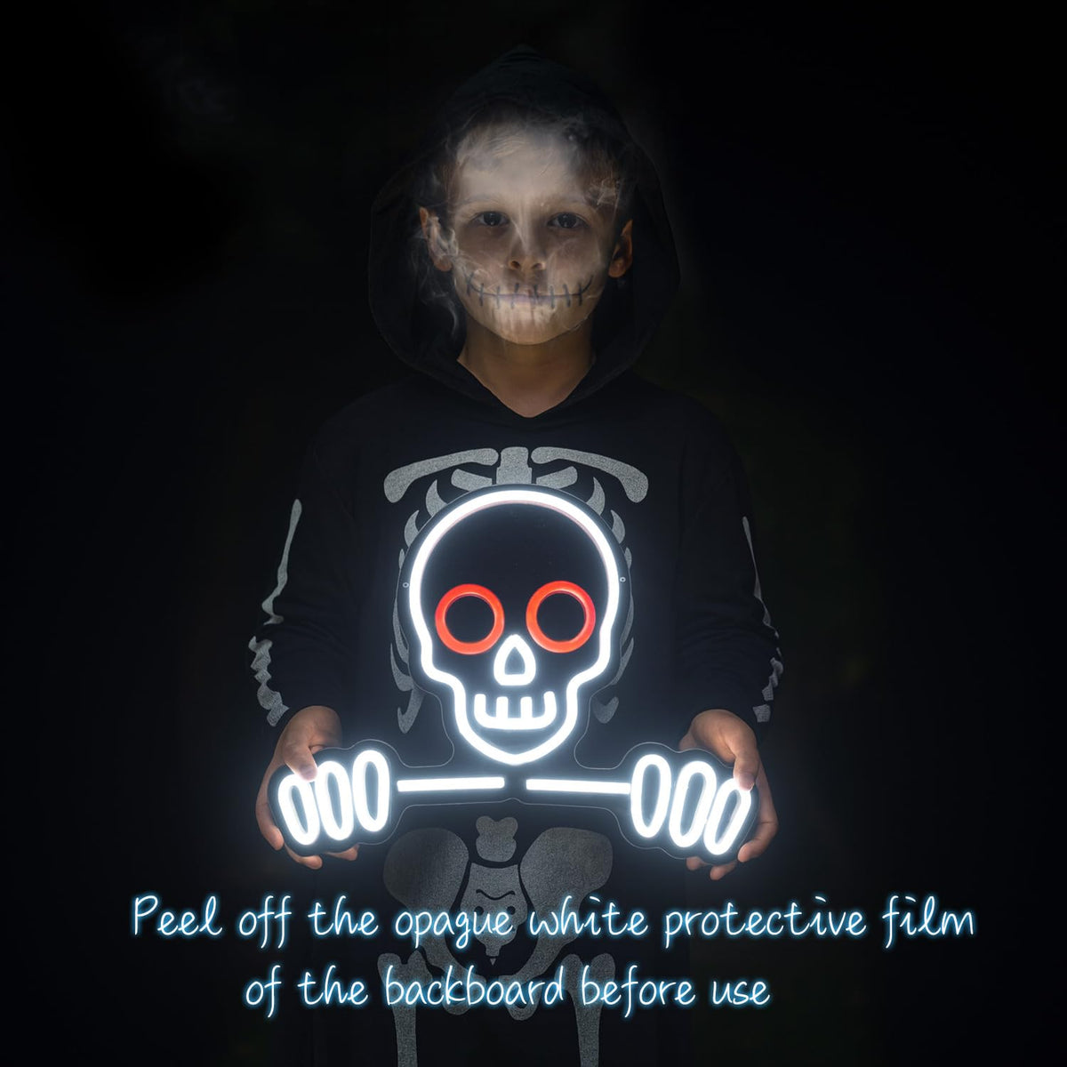 Skull & Skeleton Neon Sign, 16’’×12.6’’ Dimmable LED Wall Light, USB Powered Gothic Room Decor for Bedroom, Party, Bar, Game Room Halloween Christmas Gifts