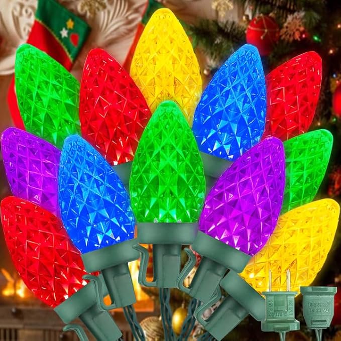 C7 LED Christmas String Lights, 30 FT 50 Colorful Strawberry LED Bulbs, Hanging C7 Christmas Lights Indoor Outdoor for Xmas Tree Holiday Garden Patio Backyard Decor, Multicolor
