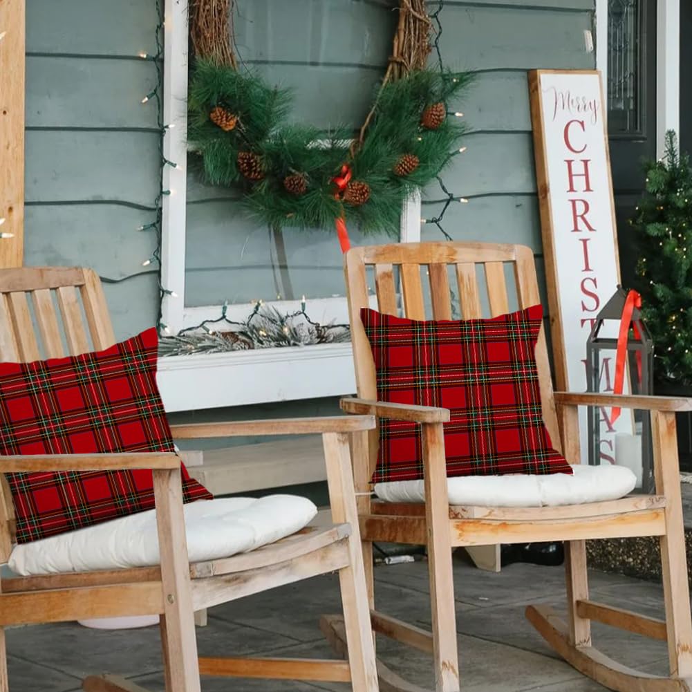 RABUSOFA Christmas Pillow Covers 18x18 Inch Set of 2 Indoor Outdoor Waterproof Scottish Tartan Plaid Classic Throw Decorative Cushion Cases for Christmas Decor Decorations for Home Couch Patio
