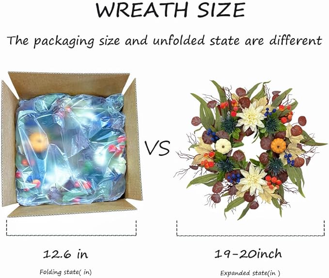 20 Inch Fall Wreath for Front Door, Artificial Thanskgiving Autumn Wreath with Pumpkins, Berries, Dahlia and Silk Leaves for Farmhouse Home Window Wall Office Indoor Outdoor Decorations