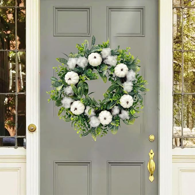 18 Inch Thanksgiving Fall Wreath for Front Door, Autumn Artificial Wreath with White Pumpkin, Cotton, Greenery Leaves for Farmhouse Home Window Wall Office Wedding Indoor Outdoor Decorations