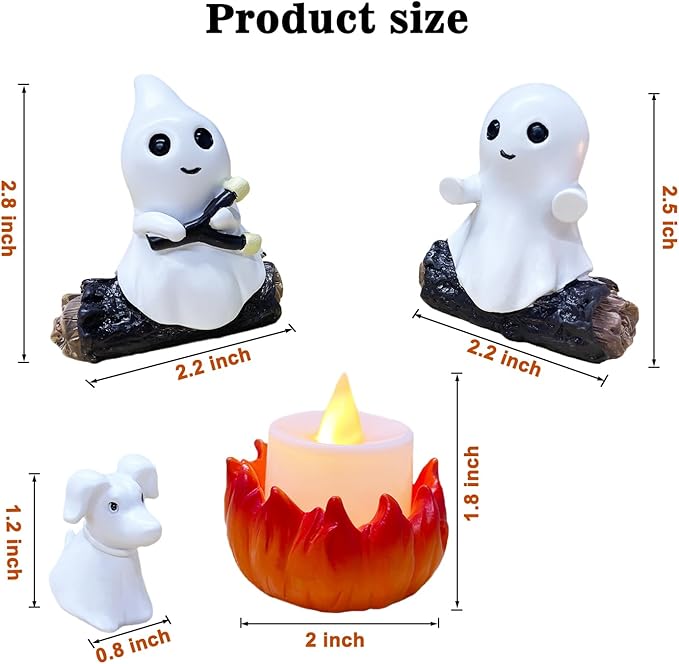 SOMITO 2025 Ghost Campfire Nightlight, Cute Halloween Ghost Figurine, Spooky Ghost Halloween Decorations, Adorable Halloween Decor Indoor for Home Mantel Tabletop Party (with Dog)