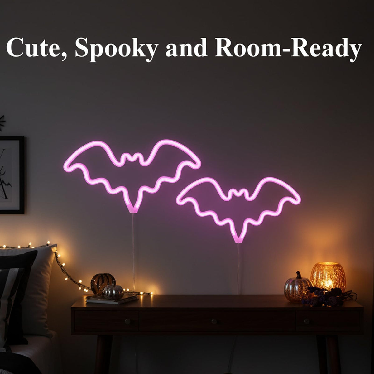 Halloween Bat Neon Signs 2 Pack, LED Bat Neon Lights for Halloween Decorations, USB/Battery Powered Light Up Bat Signs, Halloween Window Lights for Indoor Outdoor Window Door Wall Party Decor