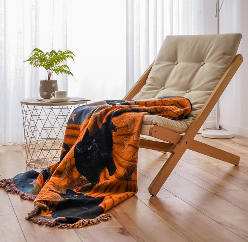 Vintage Halloween Sofa Cover Towel, Black Cat Throw Blanket,Christmas Throw Blanket,Sofa Protective Cover, Black Cat Pumpkin, Suitable for Bedroom and Living Room, Home Xmas Decor