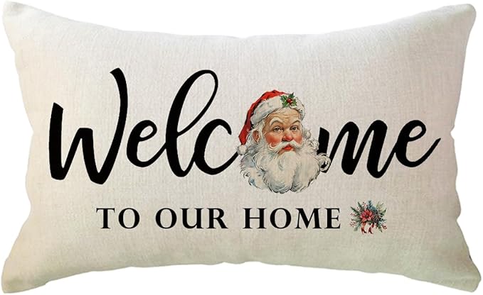 Christmas Welcome Throw Pillow Covers 12 x 20 Inch Farmhouse Seasonal Holiday Decorative Lumbar Pillowcases with Santa Claus Design Cushion Covers for Front Porch Decor (Red/White)