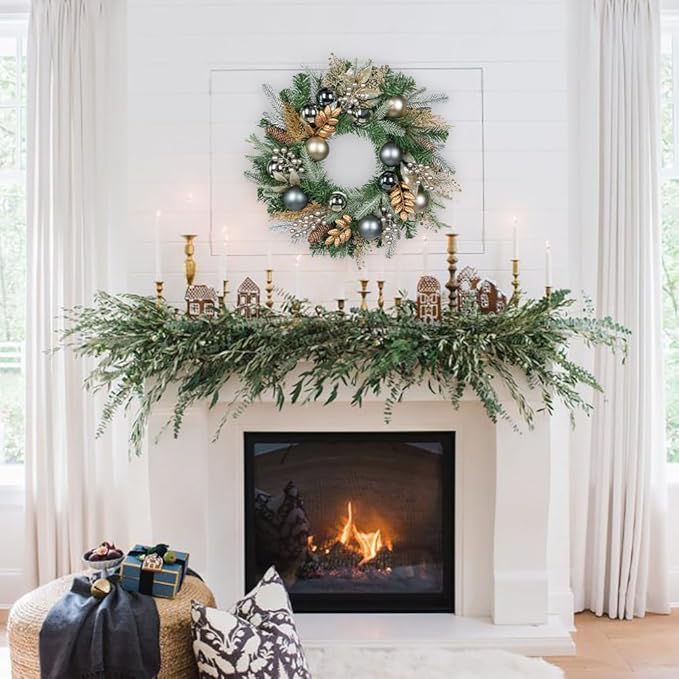 24 inch Christmas Door Wreath, Norfolk Pine Wreaths for Front Door with Silver Ball Glittered Leaf Spray Stems Pinecones Berries for Fireplace Xmas Decorations, Wall Window Indoor Outdoor Decor