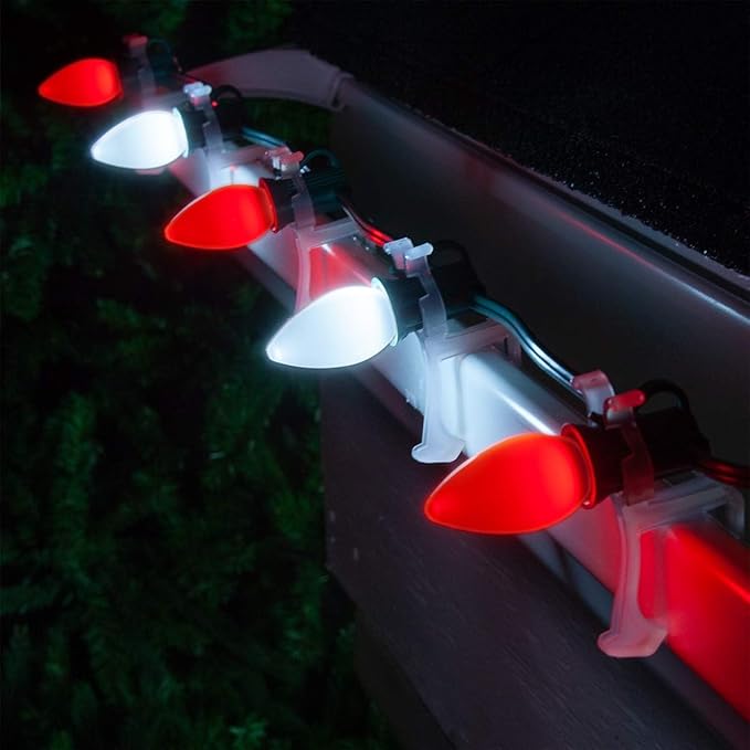 C7 LED Christmas Lights Outdoor, 25Ft Christmas Red White String Lights with 27 Ceramic LED Bulbs(2 Spare), Connectable Vintage Xmas Light for Xmas Tree Roofline Wedding Party Holiday Decor