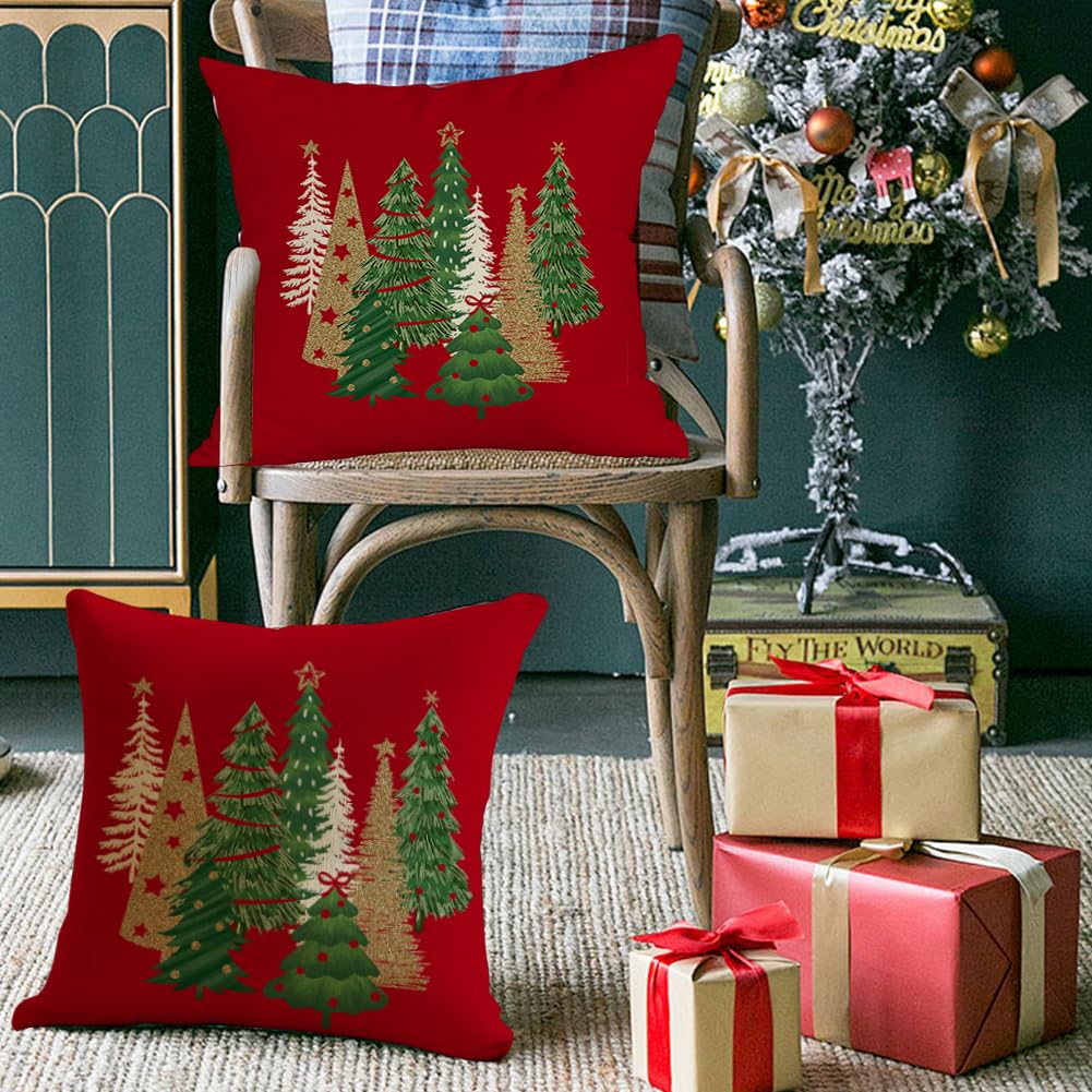 RABUSOFA Christmas Pillow Covers 20x20 Inch Tree Christmas Decorations Red Velvet Christmas Throw Pillow Cases Xmas Christmas Decor Winter Decorative Pillows for Couch Holiday Soft Gold
