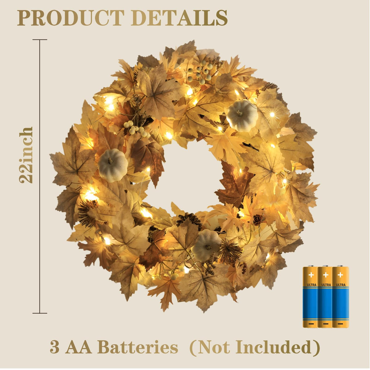 Realistic Fall Wreath with Lights, 22" Fall Wreaths for Front Door with Pumpkins Fall Leaves Berries Pine Cones,Autumn Wreath Fall Decorations for Home Thanksgiving Halloween Decorations for Wall Door