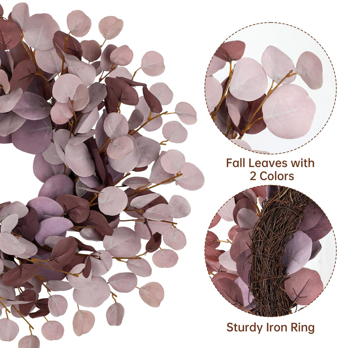 Fall Wreaths for Front Door 18 Inch Autumn Wreath for Indoors & Outdoors, Thanksgiving Wreath for Mantel,Wall, Fake Eucalyptus Wreaths for Front Door, Autumn, Halloween, Harvest Decor, Burgundy