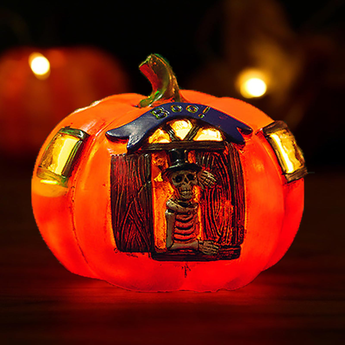 VGE Halloween Skull Pumpkin LED Lantern, Jack O Lantern Light Up Decor with Skeleton Design for Indoor Outdoor, Gothic Home Resin Pumpkin Lights Decor for Party Porch Garden Tabletops Mantel, Orange
