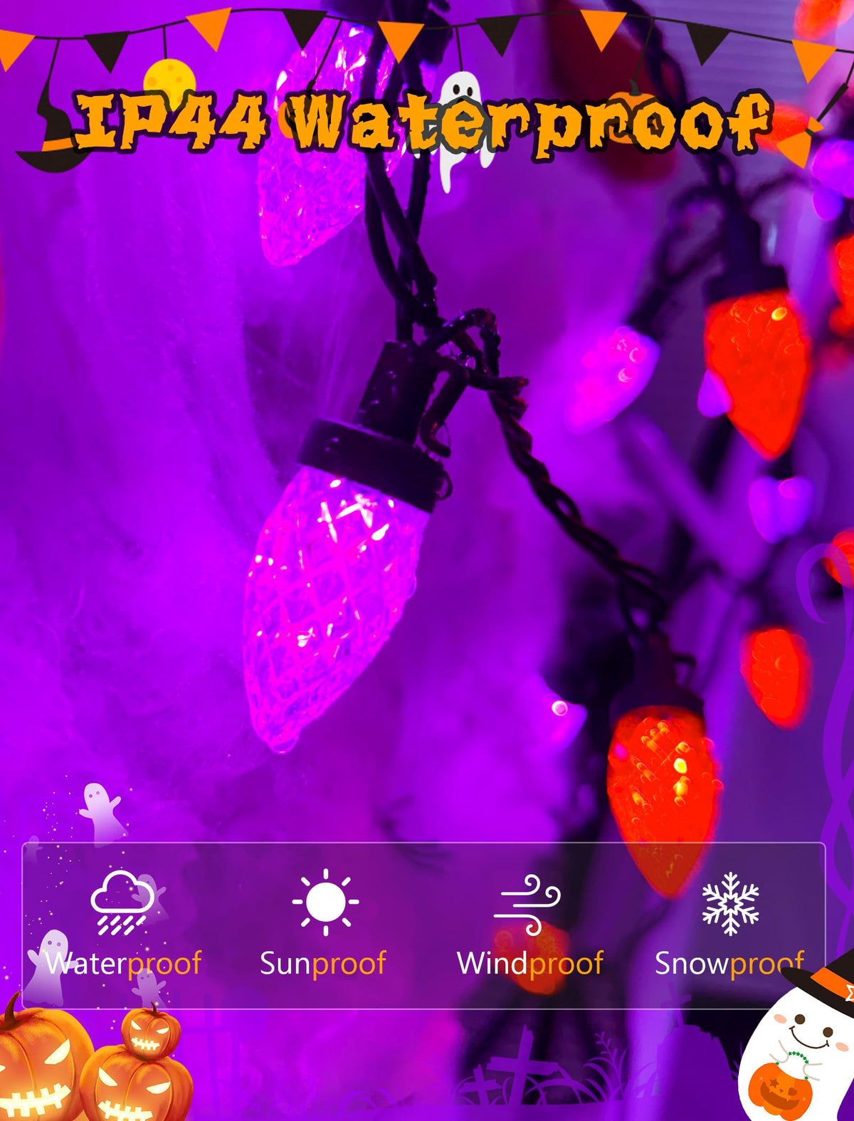 26FT Halloween String Lights Outdoor, 50 C7 LED Orange and Purple String Lights Waterproof, Plug-in Halloween Patio Decorative Lights for Indoor Roofline Backary Porch House Holiday Party Decor