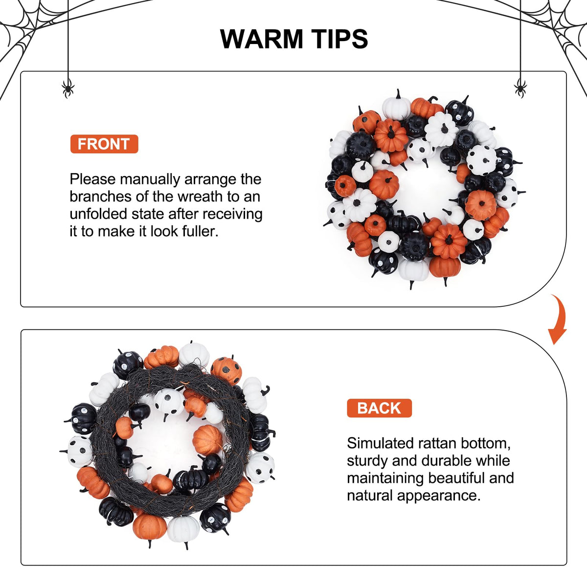 GarveeHome 18 Inch Halloween Fall Wreath for Front Door, Black Orange White Artificial Pumpkin Wreath for Fall and Halloween Indoor Outdoor Home Party Decor