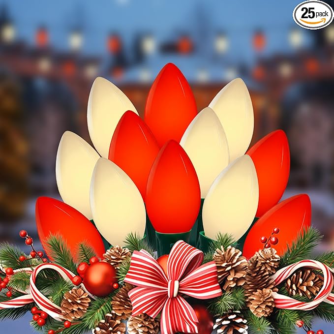 25FT Red and White LED Christmas Lights,LED Christmas Lights with 26 C9 Red White Shatterproof Plastic Bulbs,Connectable Red White String Light for Tree Roofline Indoor Outdoor Decor