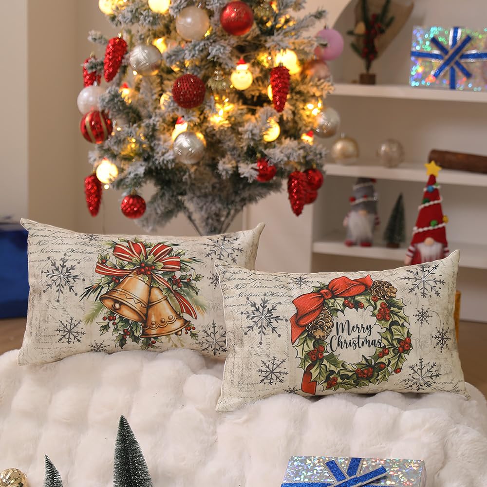 DFXSZ Christmas Pillow Covers 12x20 inch Set of 4 Santa Claus Reindeer Decorative Vintage Throw Pillow Covers Winter Retro Farmhouse Decoration for Home Couch BTHZ-140B12