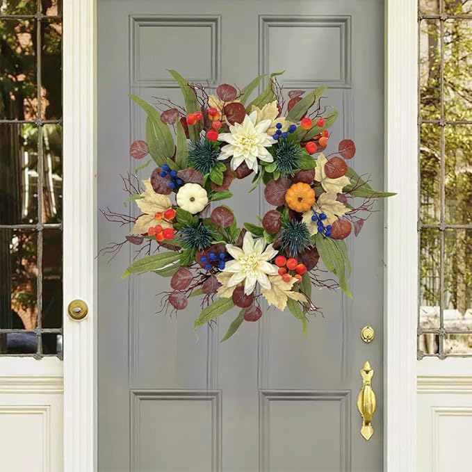 20 Inch Fall Wreath for Front Door, Artificial Thanskgiving Autumn Wreath with Pumpkins, Berries, Dahlia and Silk Leaves for Farmhouse Home Window Wall Office Indoor Outdoor Decorations