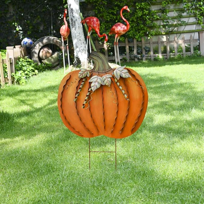 Metal Pumpkin Stakes Yard Signs Fall Decor Decorative Garden Stake Lawn Pumpkins Ornaments Outdoor Autumn Decoration for Harvest Halloween Thanksgiving (26" H Orange x2)