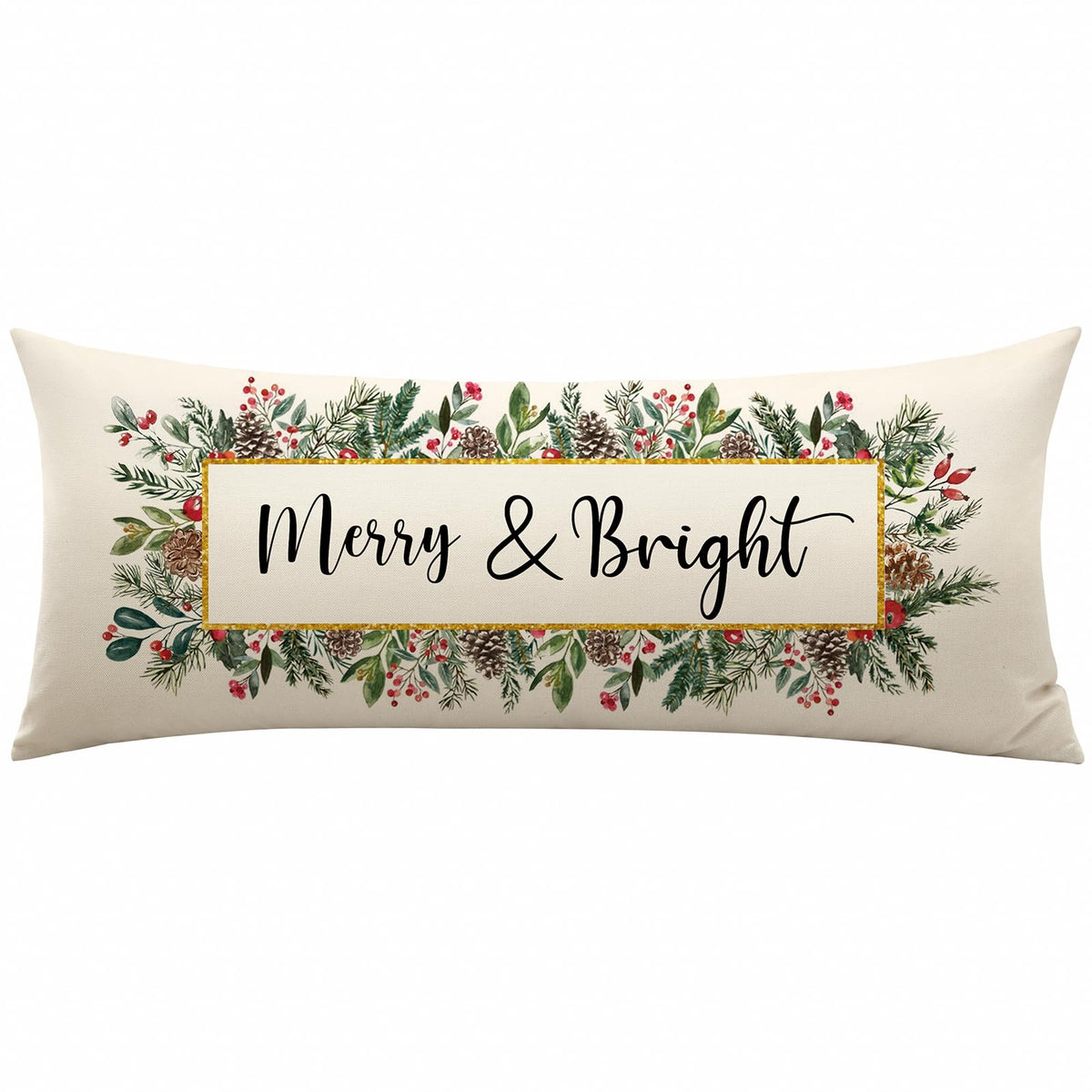 OTOSTAR Merry Bright Christmas Decor Pillow Cover 14x36 Inch Extra Long Lumbar Decorative Throw Pillow Case Eucalyptus Mistletoe Winter Holiday Cushion Cover for Couch Bed Sofa Decor (Merry & Bright)