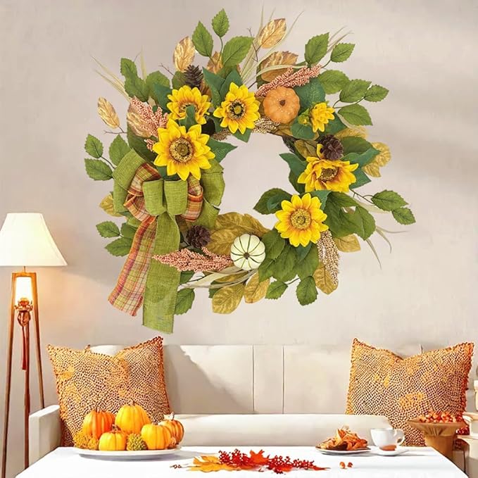 20 Inch Fall Wreath for Front Door, Sunflower Autumn Wreath with Pumpkins and Bow for Thanksgiving Farmhouse Home Window Wall Office Wedding Indoor Outdoor Decorations