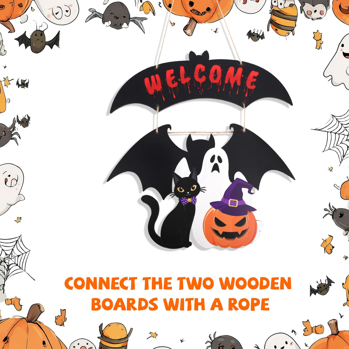 Halloween Door Wreath, Wooden Halloween Ghost Front Door Welcome Wreath Funny Pumpkin Black Cat Hanger Reef Decoration Ideal for Wall Indoor Outdoor Party Decor Supply