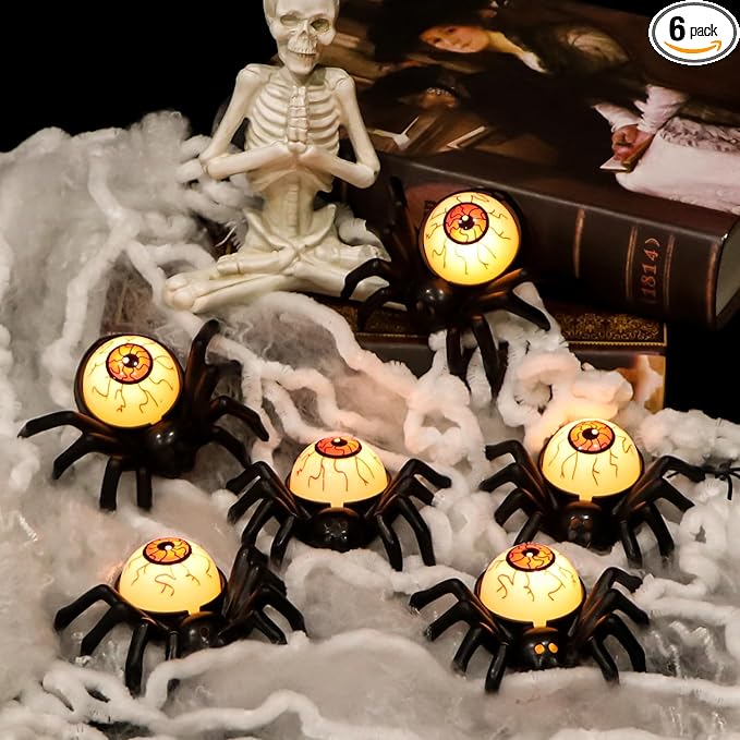 Halloween Decorations Tea Lights Candles with 6H Timer, 6 PCS Battery Operated LED Candle Spider Eyeballs Flameless Flickering Table Party Halloween Decor Indoor