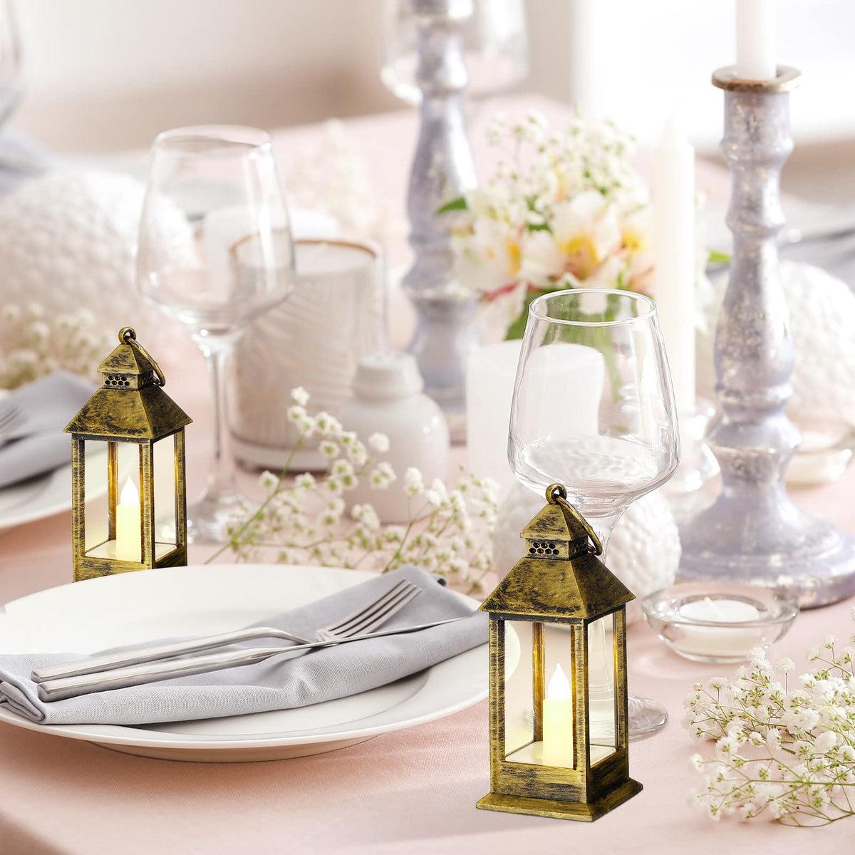 Hoolerry 24 Set 5.5'' Mini Lanterns with LED Candle for Wedding Centerpiece Vintage Decorative Hanging Small Lantern Battery Powered for Halloween Wedding Table Centerpiece(Bronze)