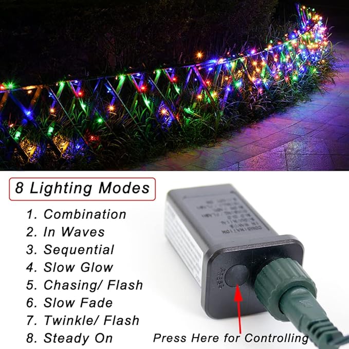 Pooqla Colorful Christmas Lights, 200 LED 66 ft Holiday String Lights for Indoor Outdoor Decoration, 8 Modes Fairy Lights for Home Yard Patio Wedding Party, Red Green Yellow Blue