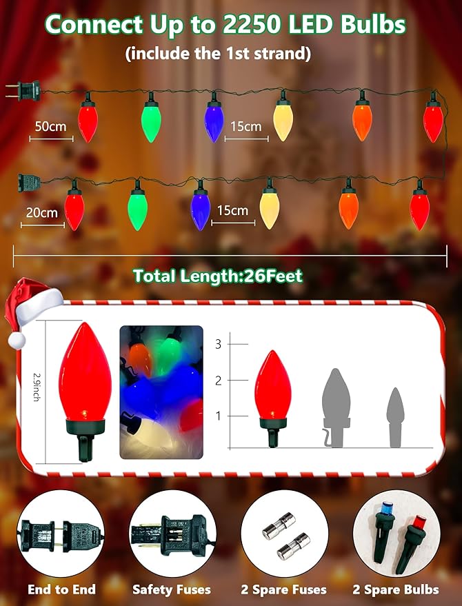 LED Christmas Lights Outdoor, 26FT 50 Count Multicolor C9 String Lights, Energy-Saving Vintage Christmas Lights, Connectable Plug-in Outside Colored Christmas Tree Lights for House Decorations